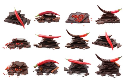 Image of Collage with delicious chocolate, red peppercorns and chili peppers on white background
