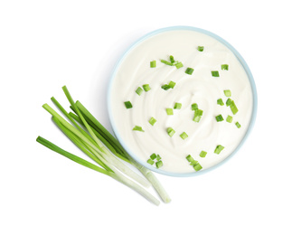 Photo of Fresh sour cream with onion on white background, top view