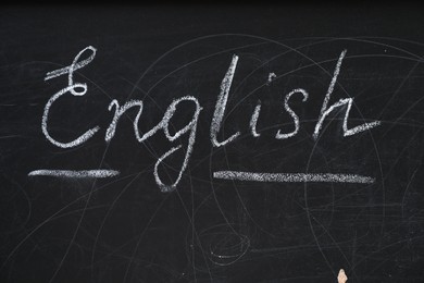Photo of Word English written with chalk on blackboard