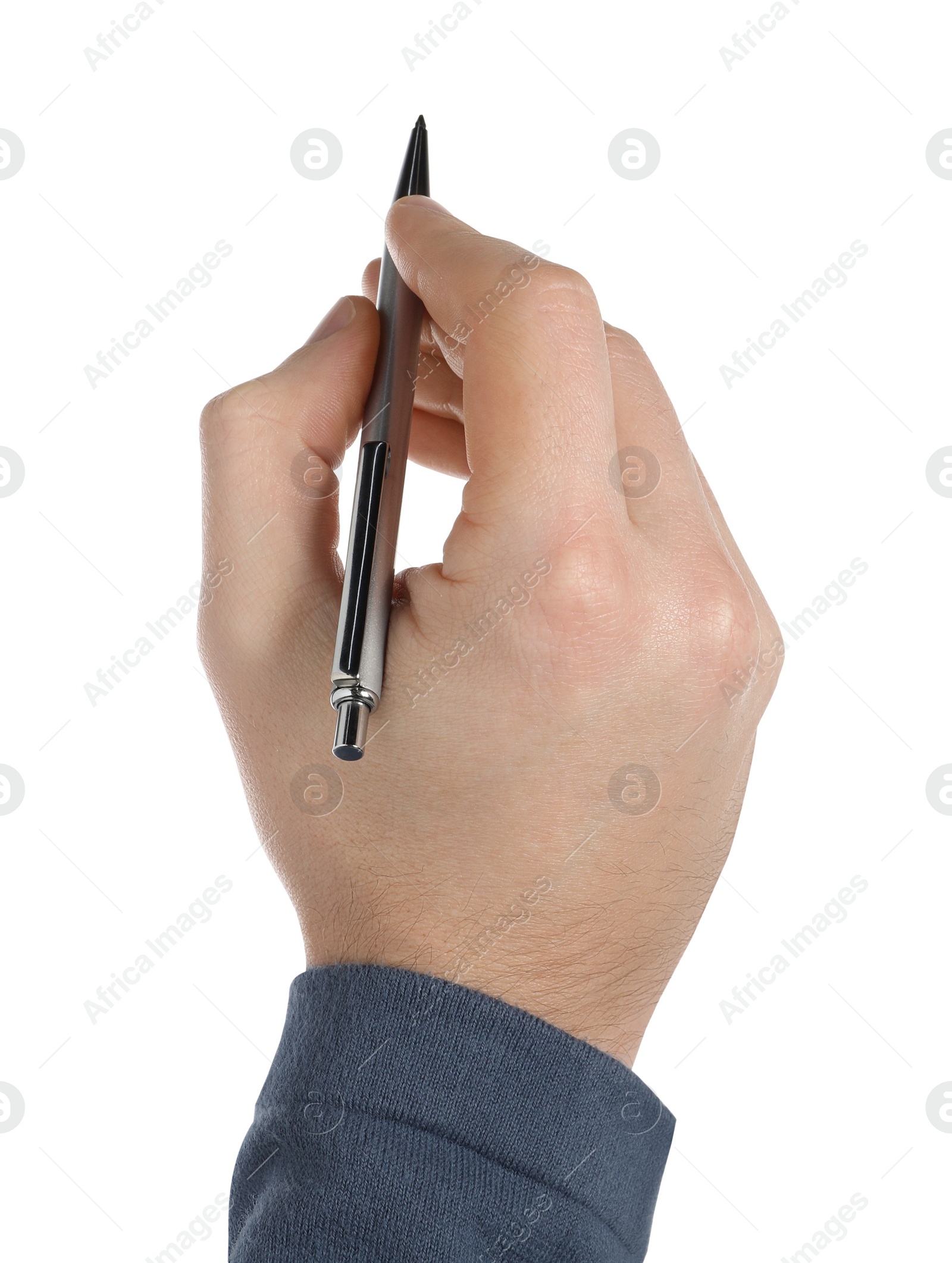 Photo of Man holding pen on white background, closeup of hand