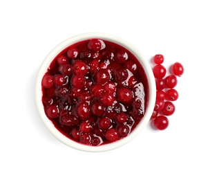 Photo of Cranberry sauce and fresh berries on white background, top view