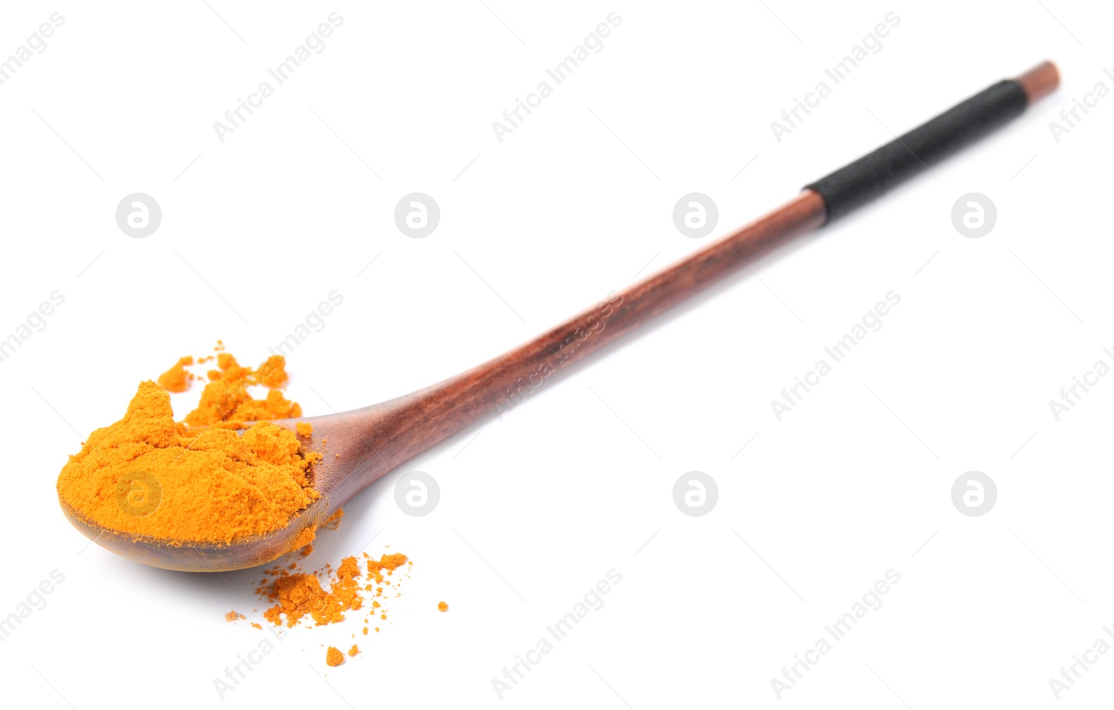 Photo of Wooden spoon with saffron powder on white background
