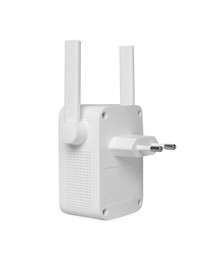 Photo of New modern Wi-Fi repeater on light gray background