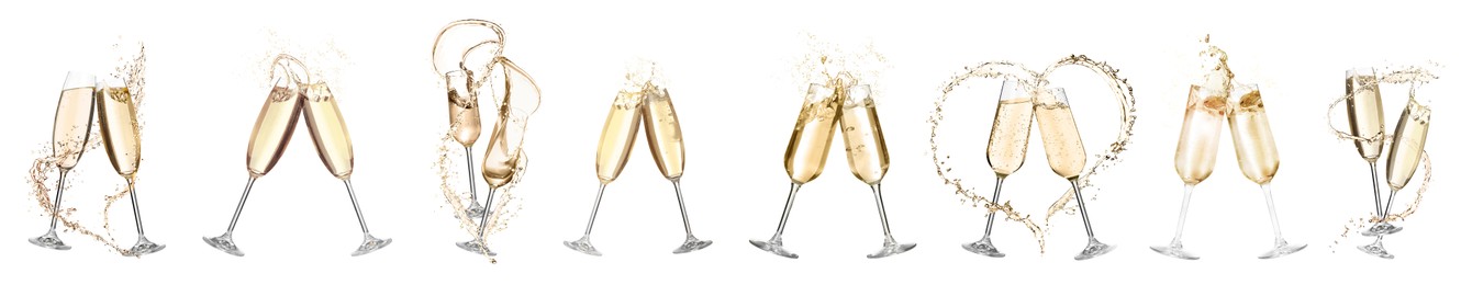 Image of Glasses with sparkling wine clinking on white background, collection