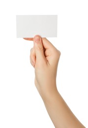 Photo of Woman holding blank business card on white background, closeup. Mockup for design