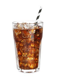 Photo of Glass of refreshing soda drink with ice cubes isolated on white