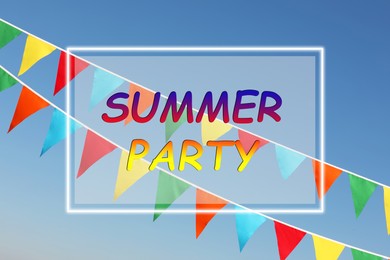 Image of Summer Party. Colorful bunting flags against blue sky