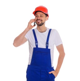 Photo of Professional repairman in uniform talking on phone against white background