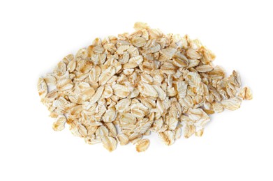 Photo of Pile of raw oatmeal on white background