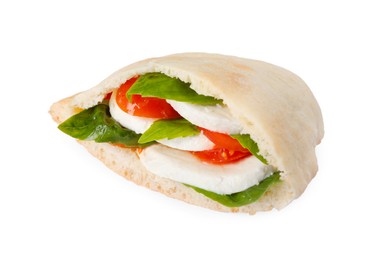 Photo of Delicious pita sandwich with mozzarella, tomatoes and basil isolated on white
