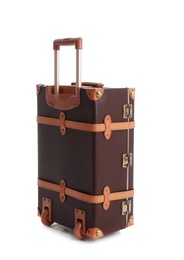 Photo of Fashionable brown suitcase on white background