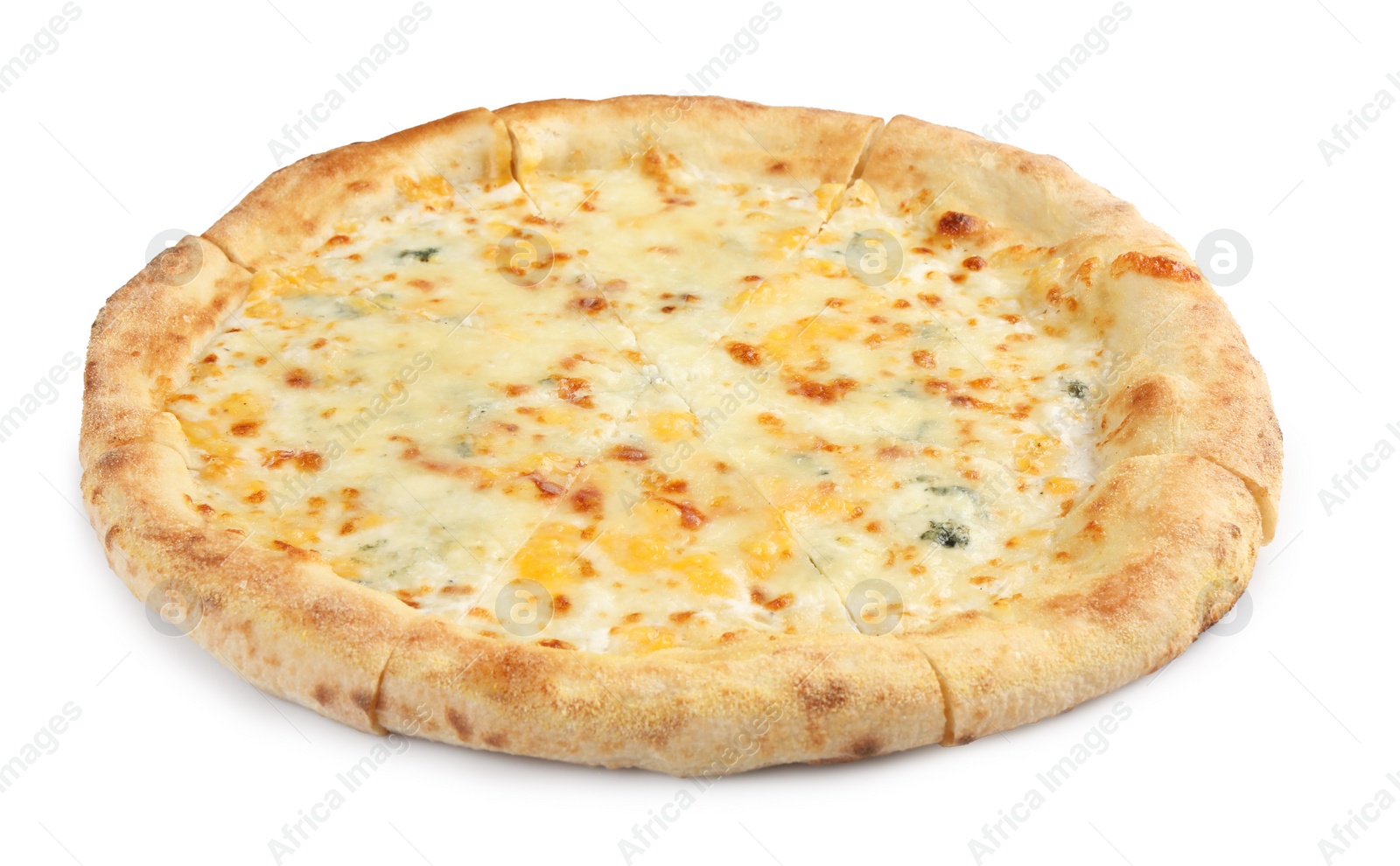 Photo of One delicious cheese pizza isolated on white