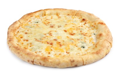 Photo of One delicious cheese pizza isolated on white