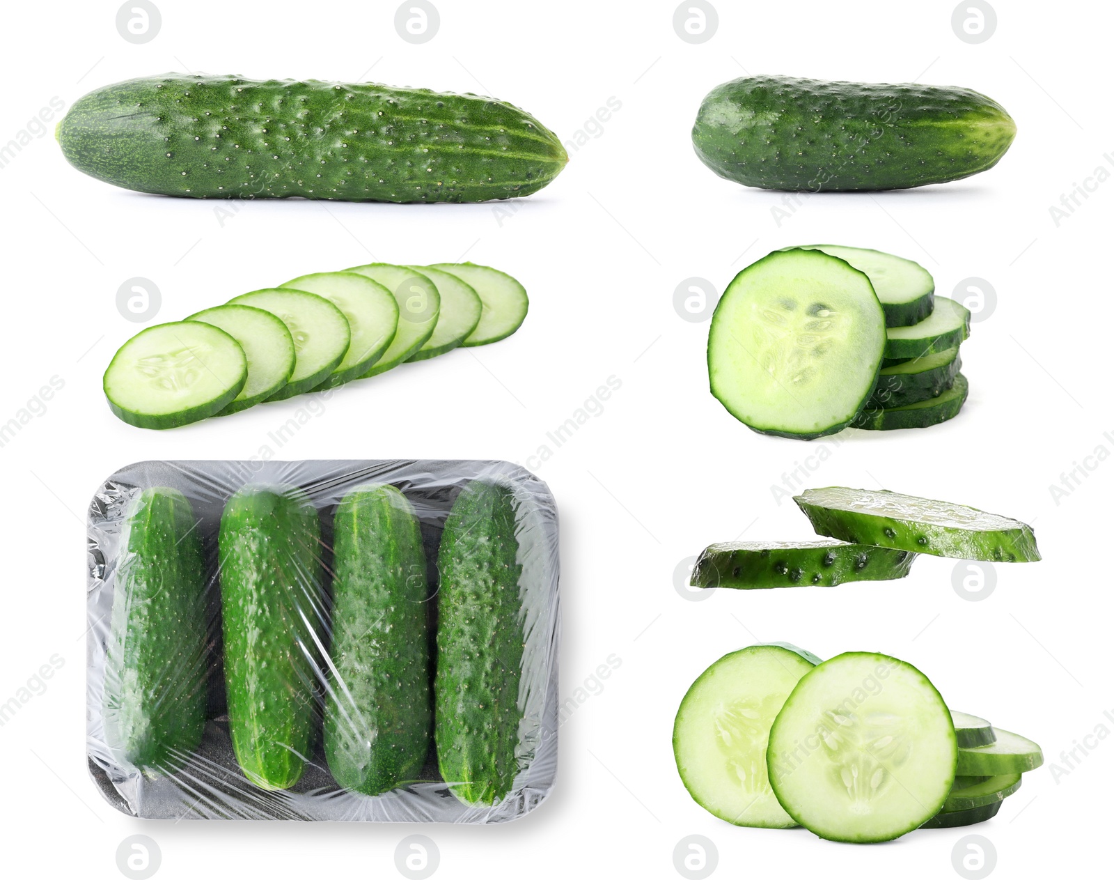 Image of Set with whole and sliced cucumbers on white background