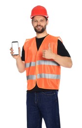 Photo of Man in reflective uniform showing smartphone and thumbs up on white background