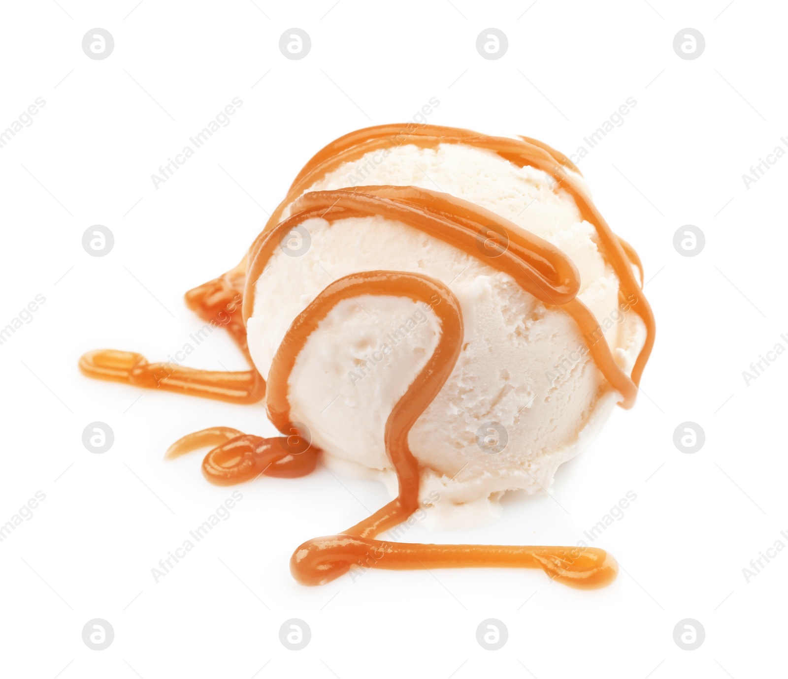 Photo of Ball of delicious vanilla ice cream with sauce on white background