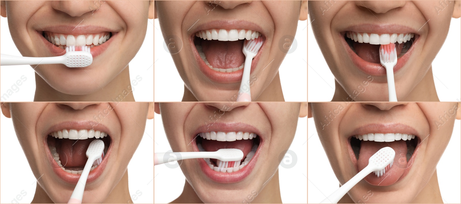 Image of Collage with photos of woman brushing teeth on white background, closeup. Dental care, step by step instructions