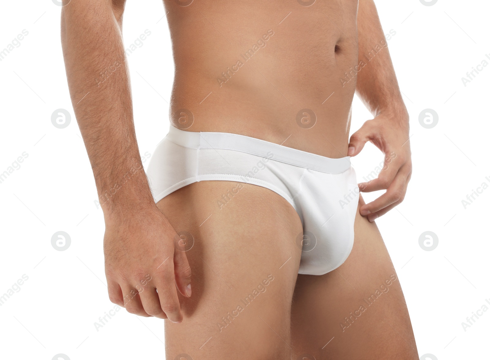 Photo of Man in underwear on white background, closeup