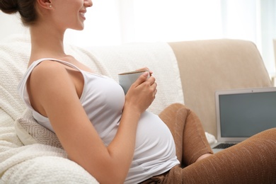 Pregnant woman with laptop drinking tea at home, closeup