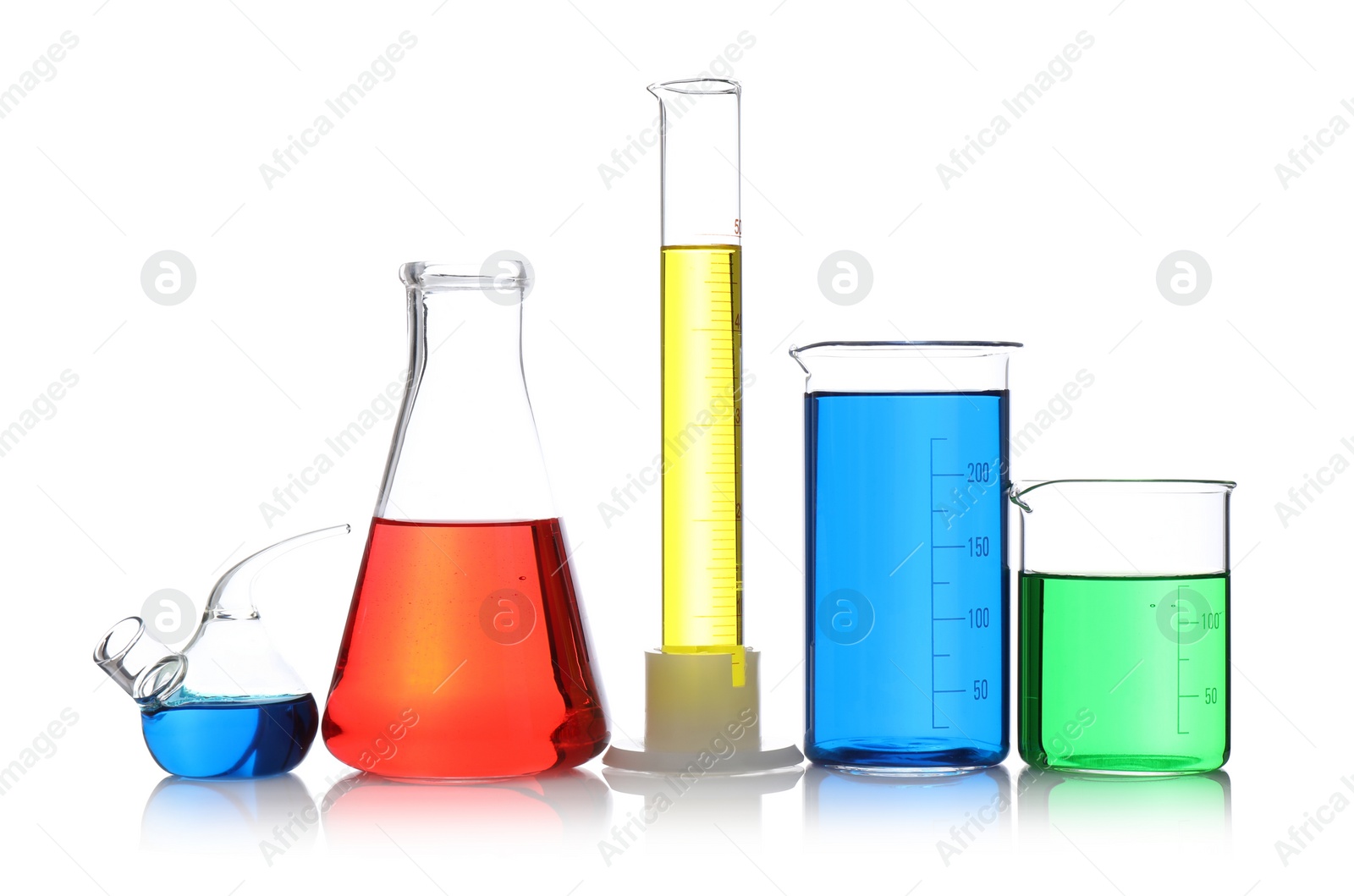 Photo of Laboratory glassware with samples on white background