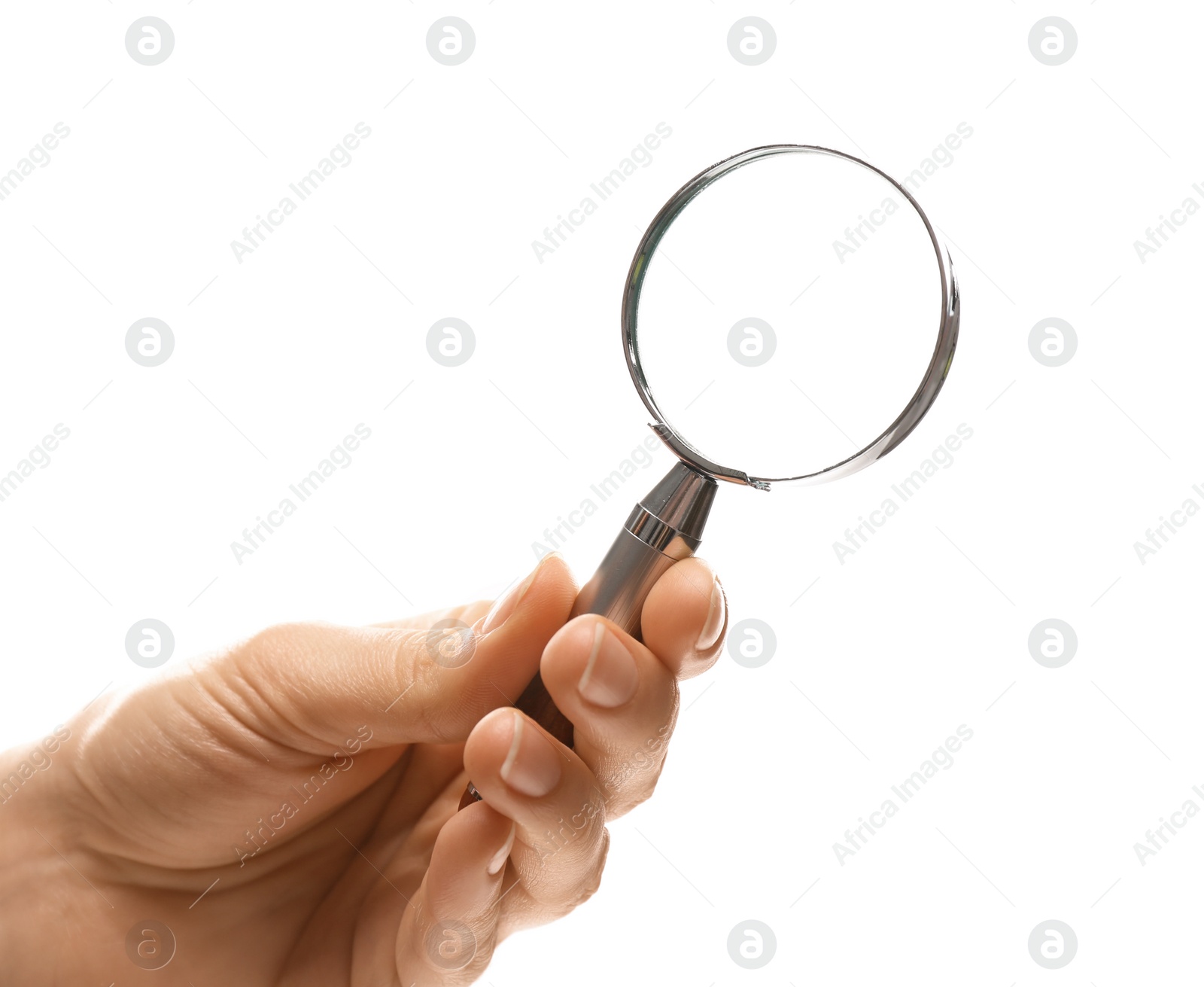 Photo of Woman holding magnifying glass on white background, closeup