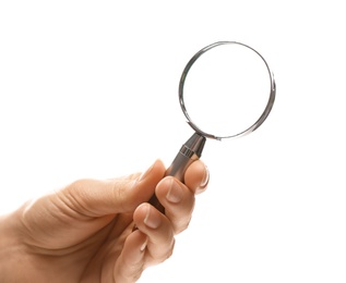 Photo of Woman holding magnifying glass on white background, closeup