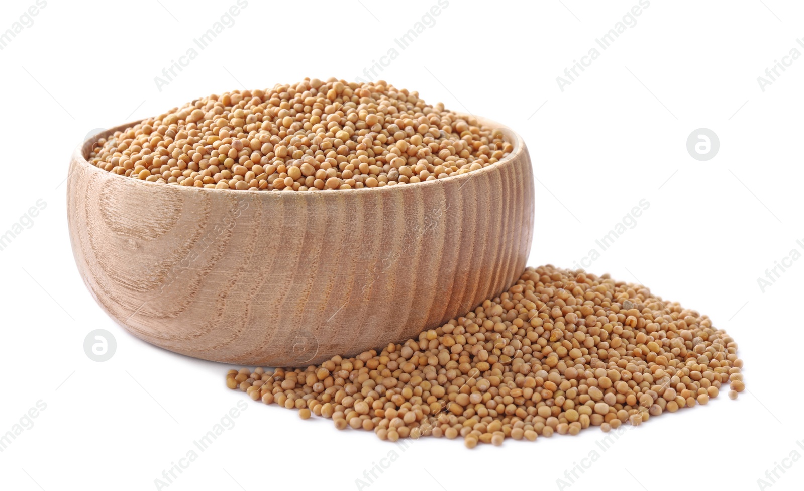 Photo of Mustard seeds with wooden bowl isolated on white