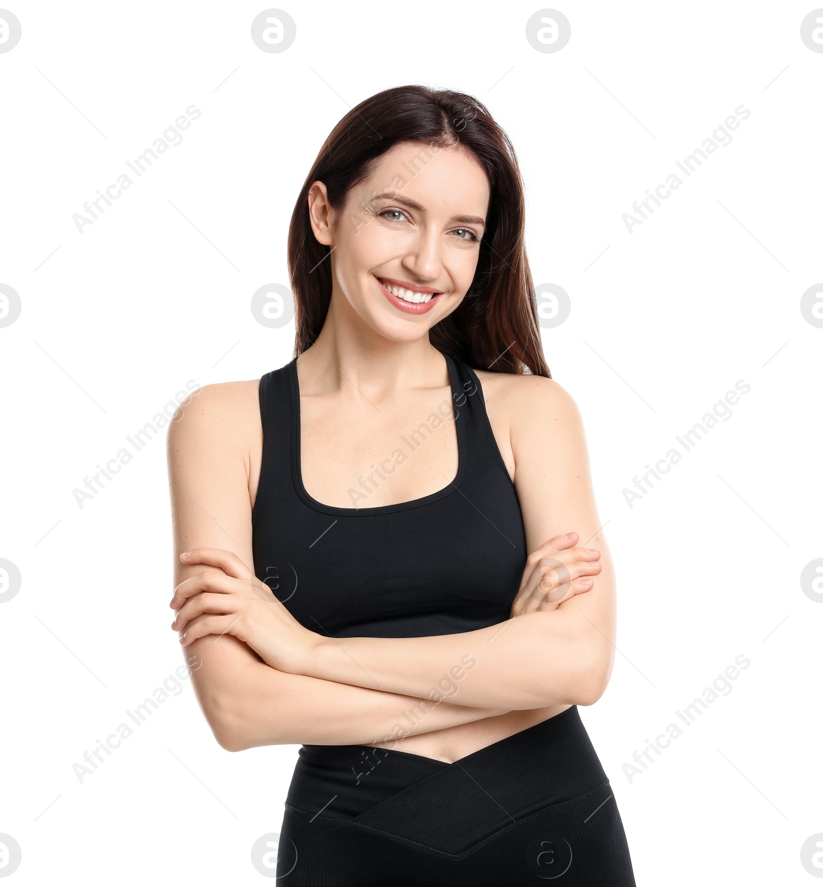 Photo of Happy young woman with slim body isolated on white