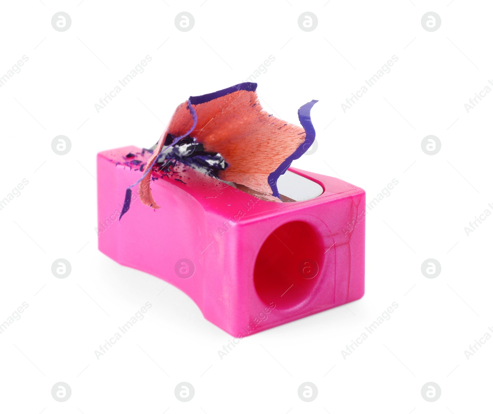 Photo of Pink sharpener with pencil shavings on white background