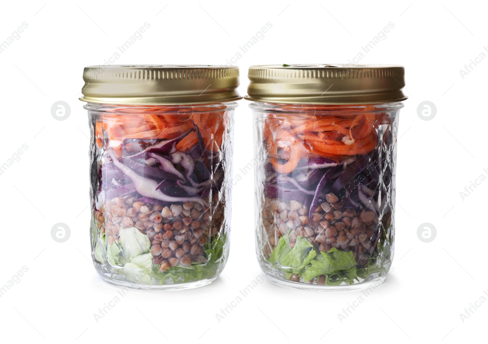 Photo of Glass jars with healthy meal isolated on white