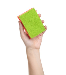 Photo of Woman with sponge on white background, closeup of hand