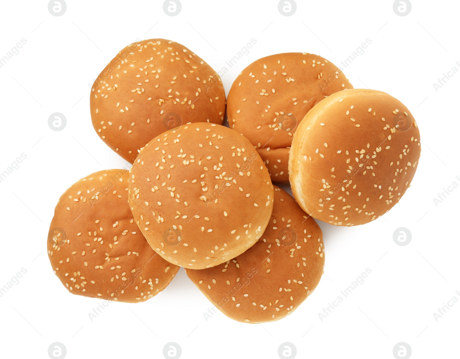 Photo of Fresh hamburger buns isolated on white, top view