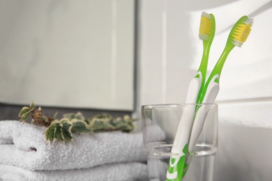 Photo of Two light green toothbrushes in glass holder indoors