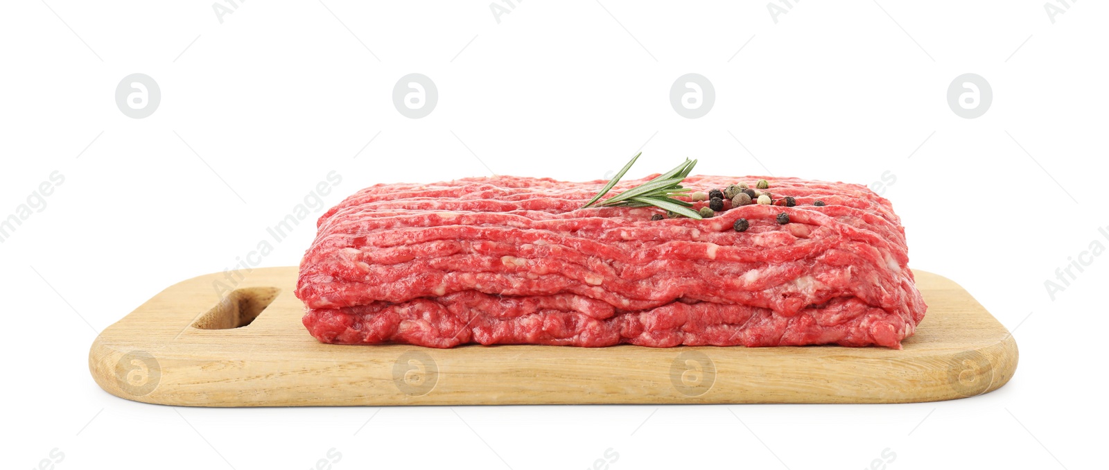 Photo of Raw ground meat, rosemary and peppercorns isolated on white