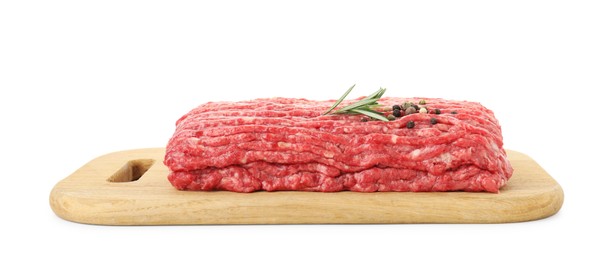 Raw ground meat, rosemary and peppercorns isolated on white