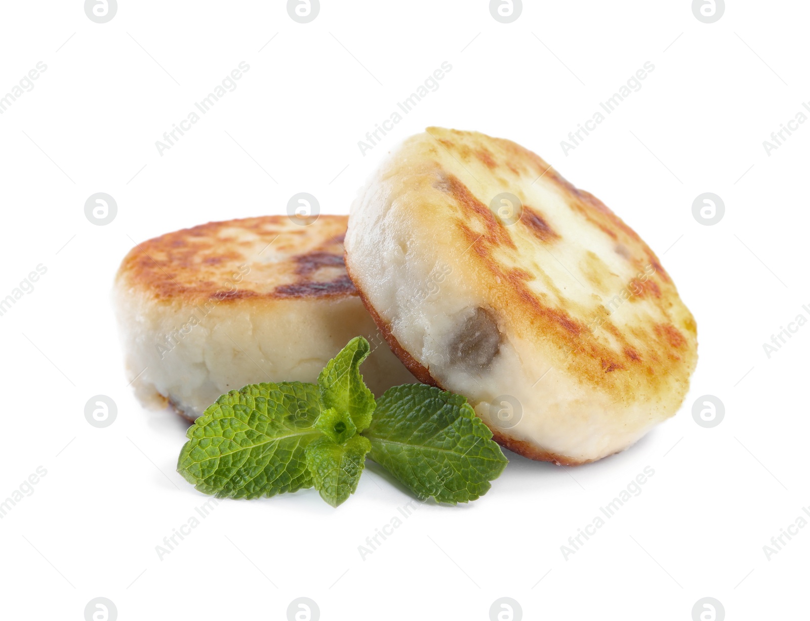 Photo of Delicious cottage cheese pancakes with mint isolated on white