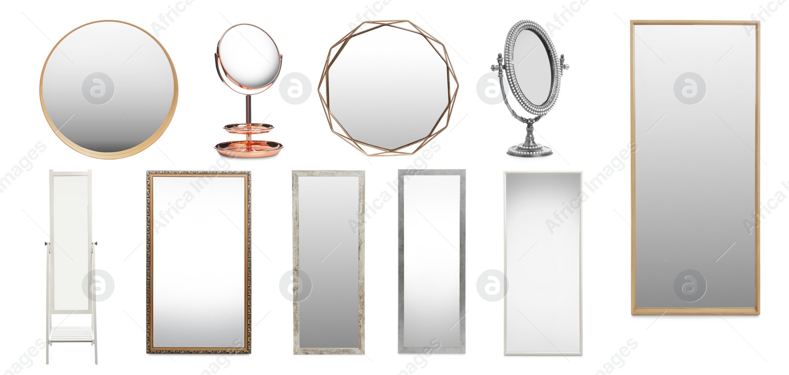 Image of Set of different stylish mirrors on white background