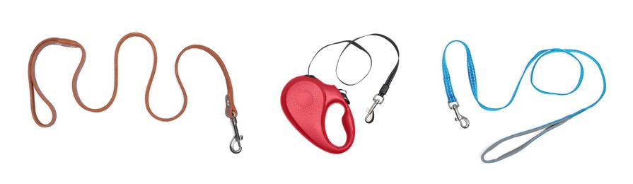 Image of Collage with different pet leashes on white background, top view