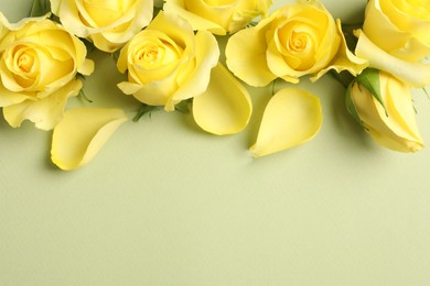 Beautiful yellow roses and petals on light olive background, flat lay. Space for text