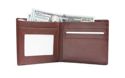 Stylish brown leather wallet with dollar banknotes on white background