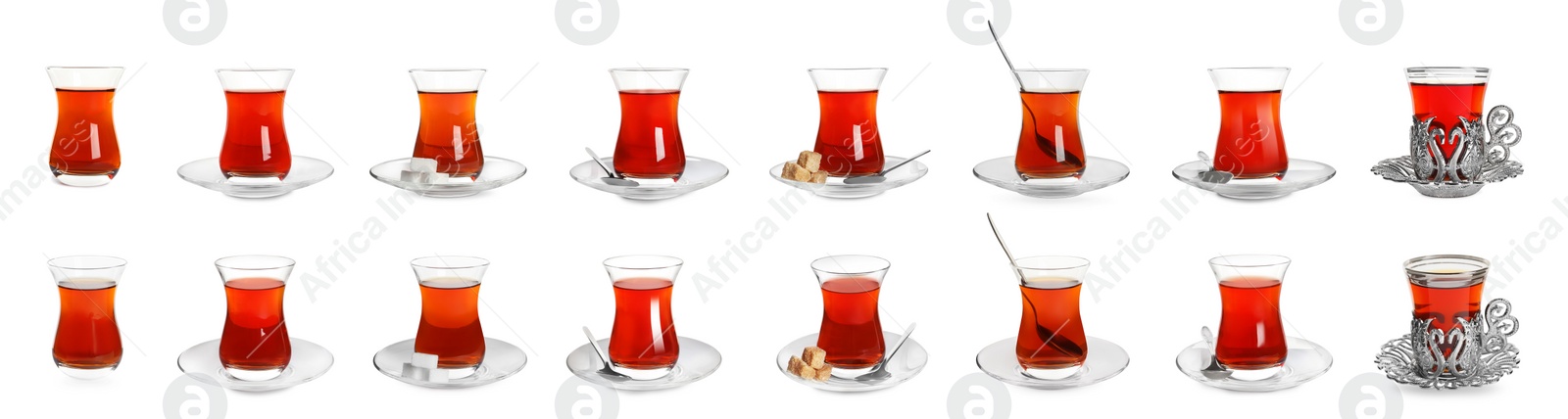 Image of Set with glasses of traditional Turkish tea on white background. Banner design