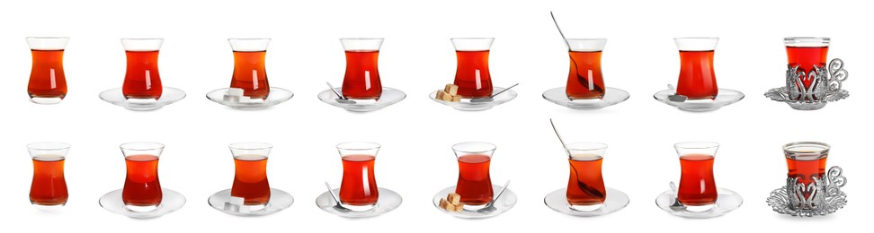 Set with glasses of traditional Turkish tea on white background. Banner design