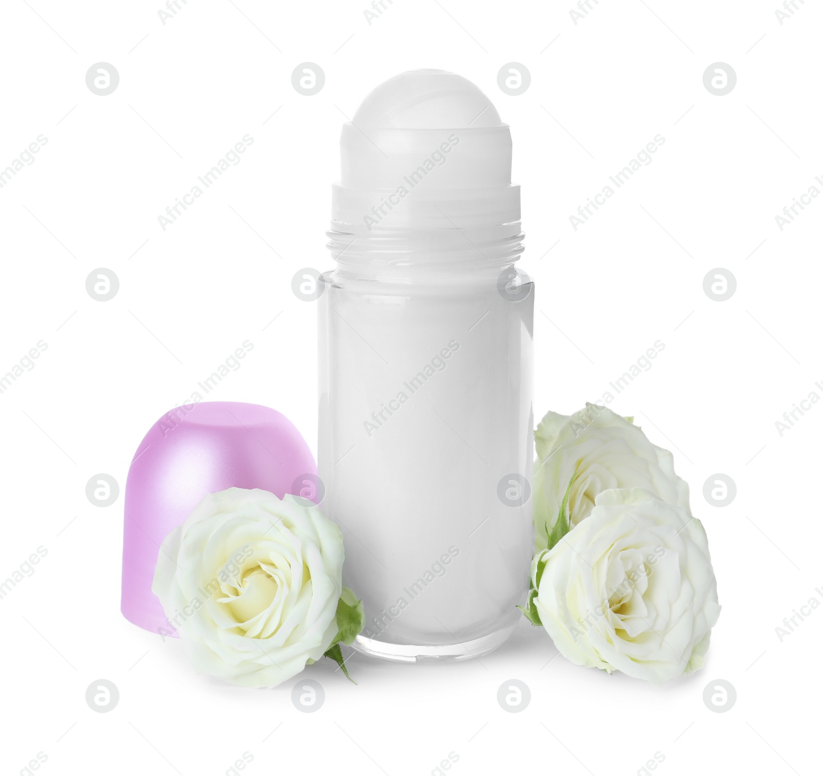 Photo of Natural female roll-on deodorant with roses on white background