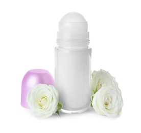 Photo of Natural female roll-on deodorant with roses on white background