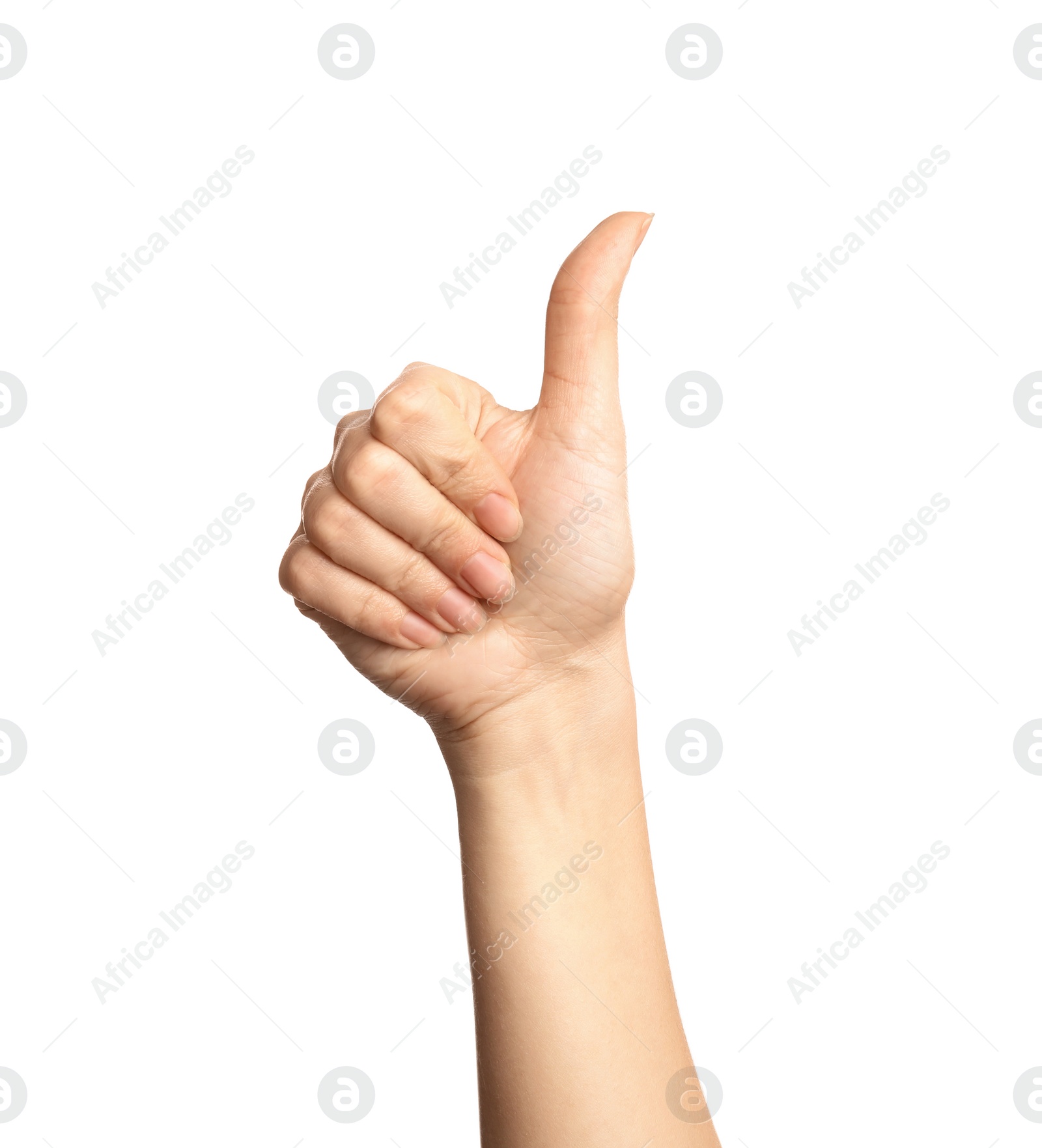 Photo of Woman showing number ten on white background, closeup. Sign language