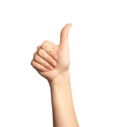 Woman showing number ten on white background, closeup. Sign language