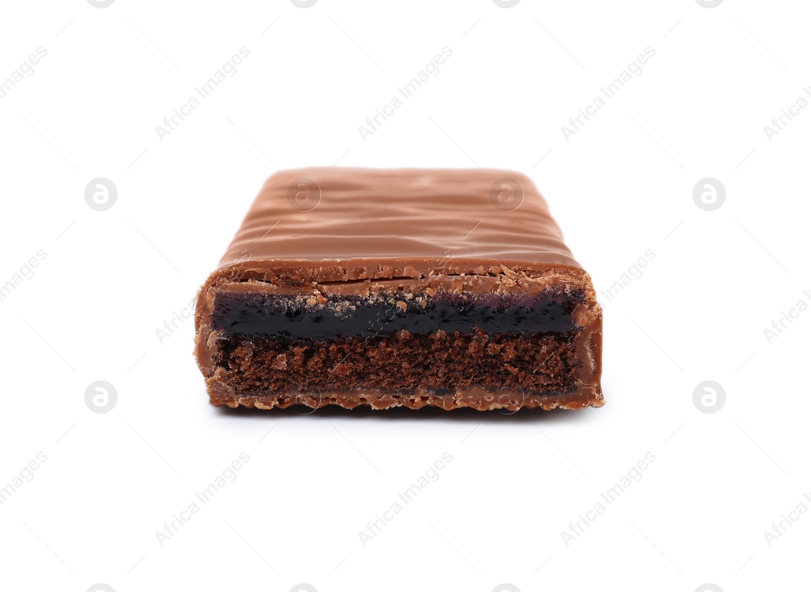 Photo of Piece of sweet tasty chocolate bar on white background