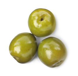 Photo of Three fresh green olives on white background, top view
