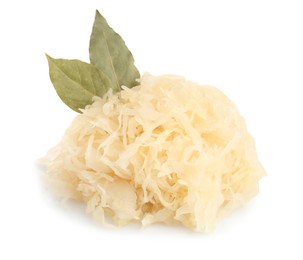 Tasty sauerkraut with bay leaves on white background