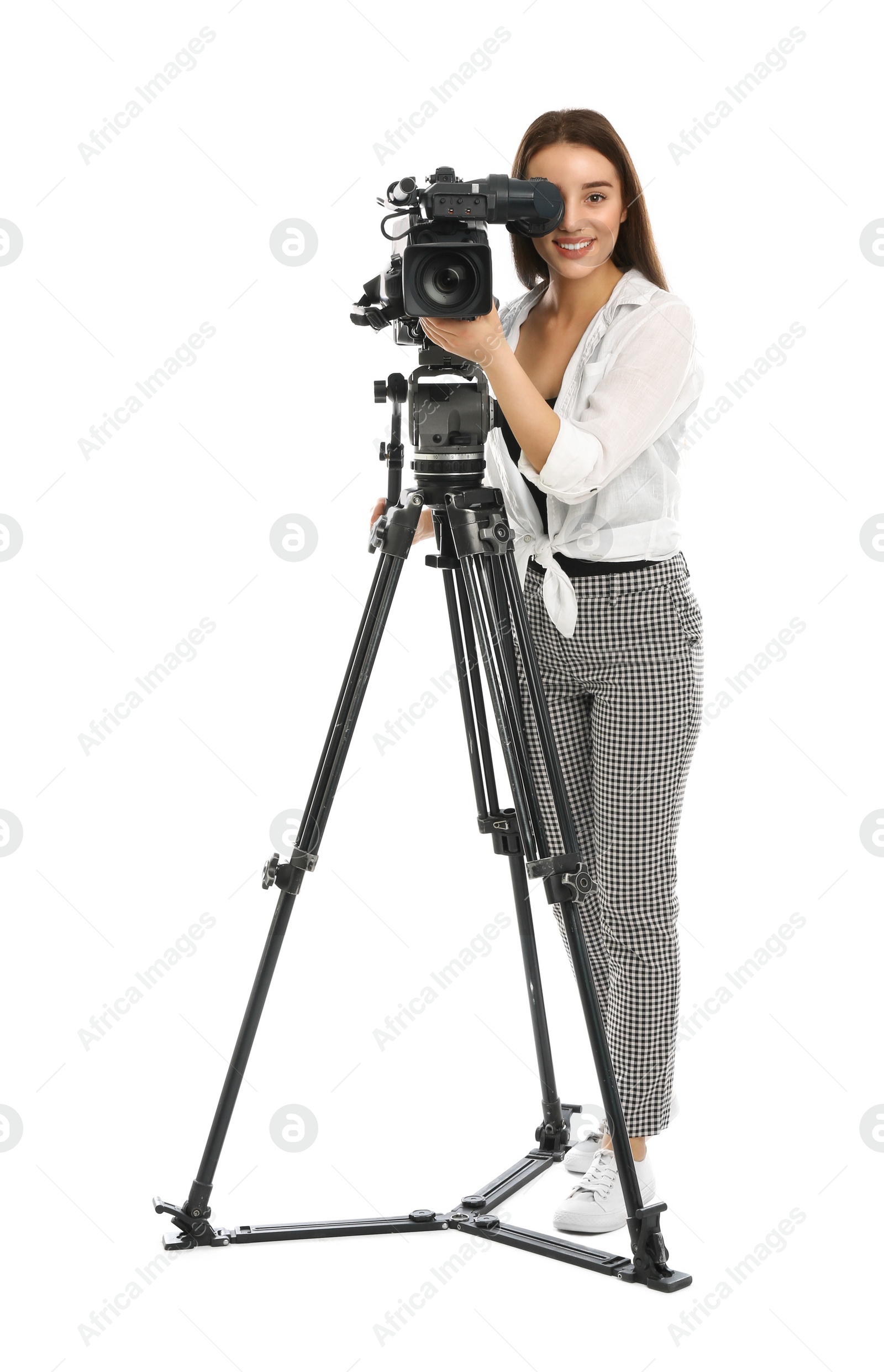 Photo of Operator with professional video camera on white background